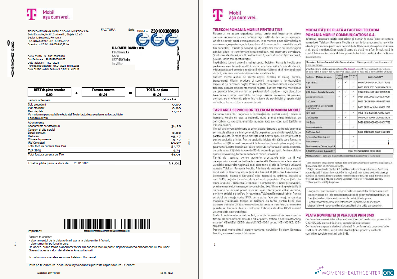 download Romania T Mobile utility bill template in Word and PDF formats, 4 pages, 1 2 pages PDF template